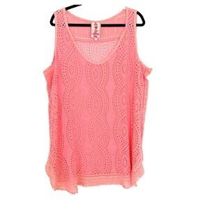 Johnny Was Coral Pink Lace Embroidered Sleeveless Scoop Neck Blouse Sz 2X Sheer